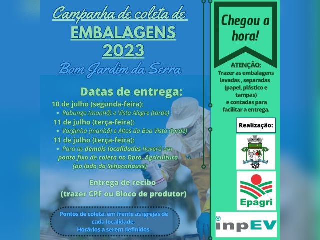 Leia mais sobre o artigo Bom Jardim da Serra recolhe embalagens vazias de agrotóxicos nos dias 10 e 11